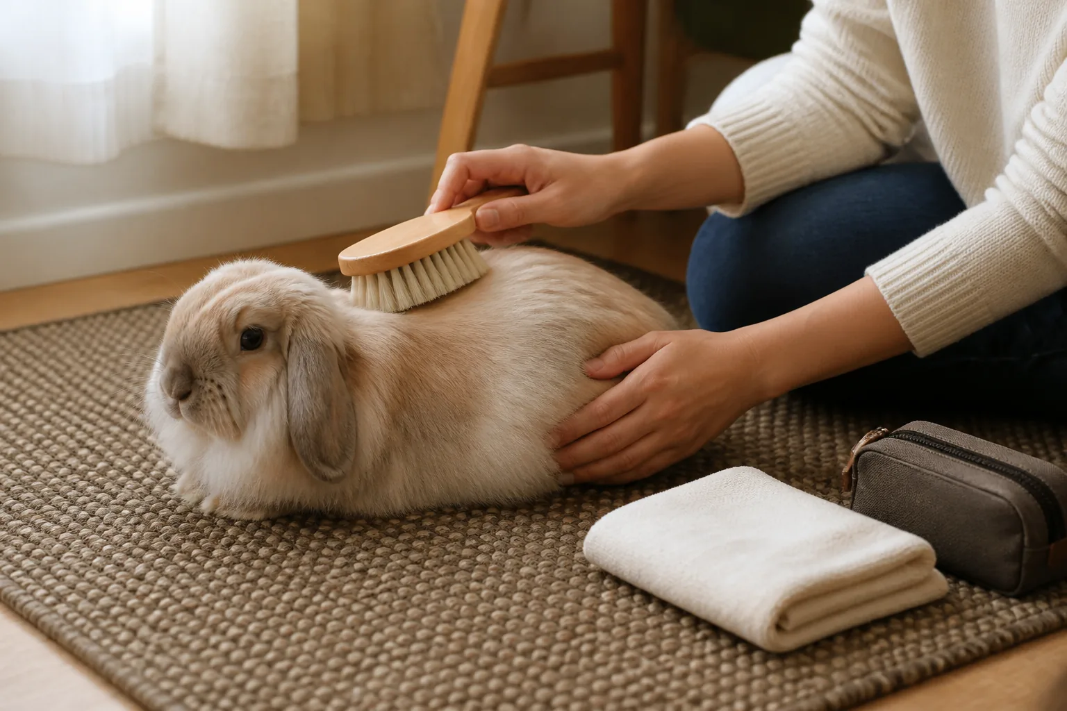 Long-haired rabbit being gently brushed on the floor beside a towel and closed grooming pouch