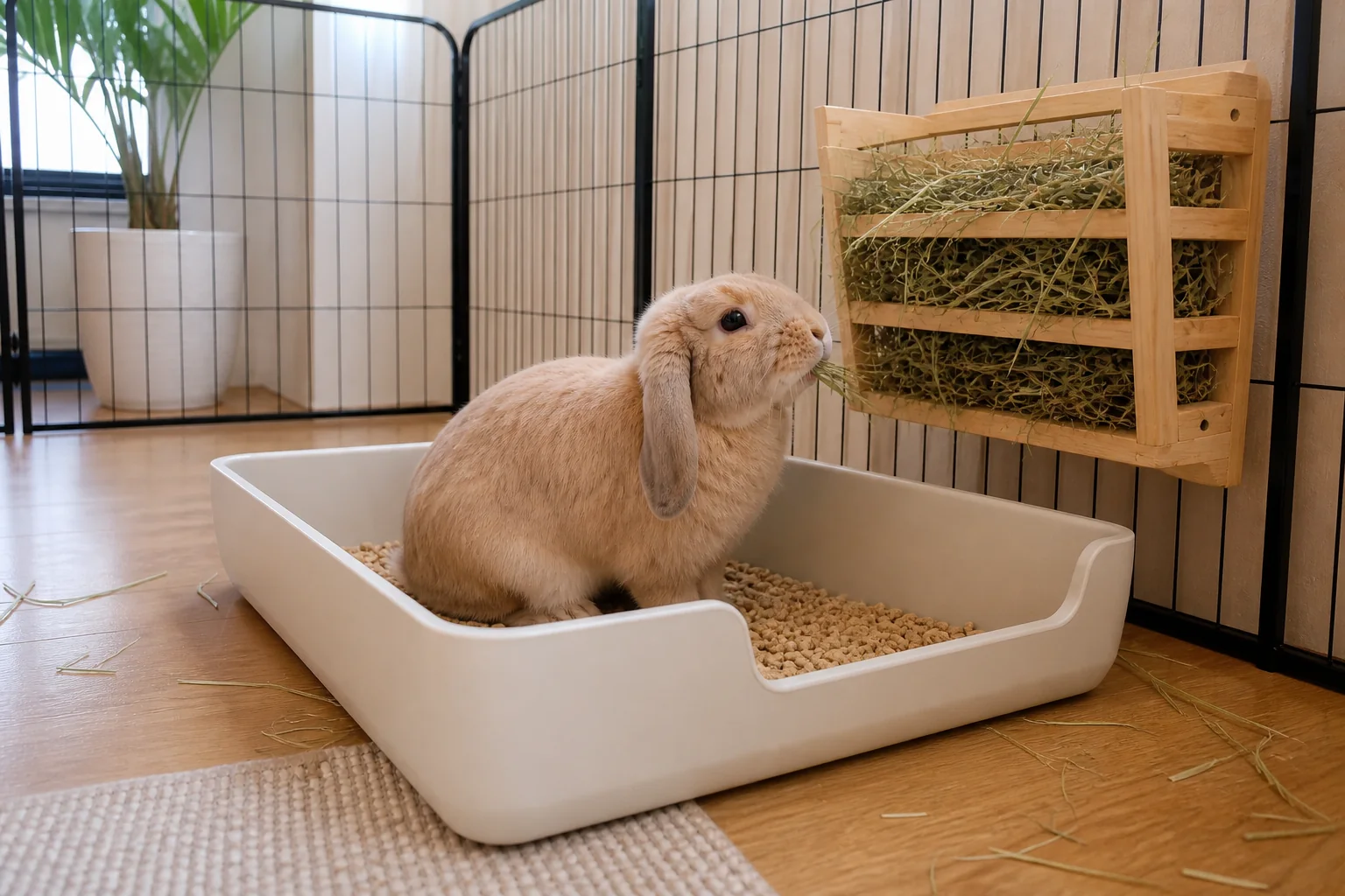 Tan lop rabbit eating hay from a wooden rack while sitting inside a roomy rectangular litter box.