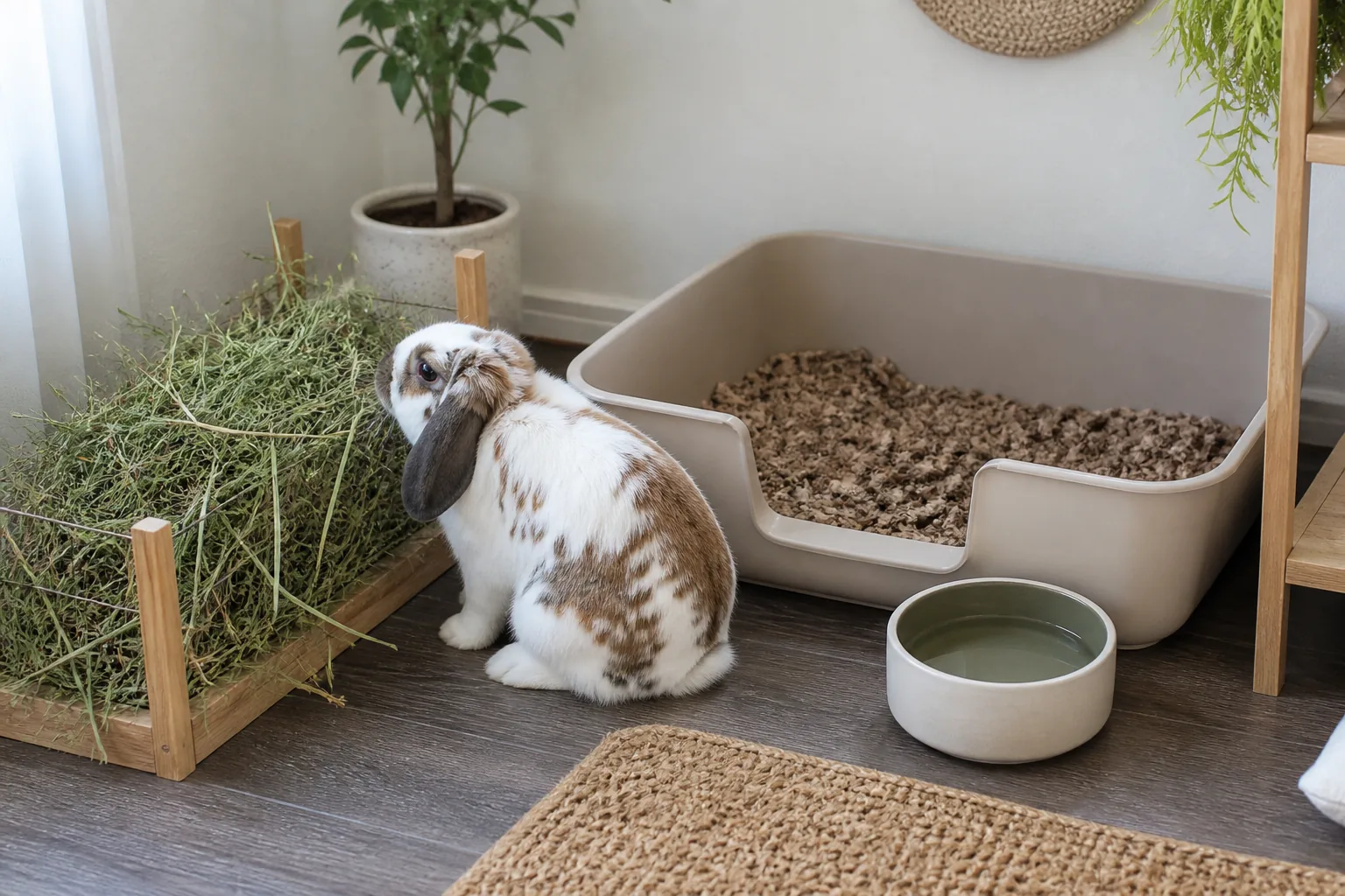 House rabbit beside an open hay area, large litter tray and heavy ceramic water bowl