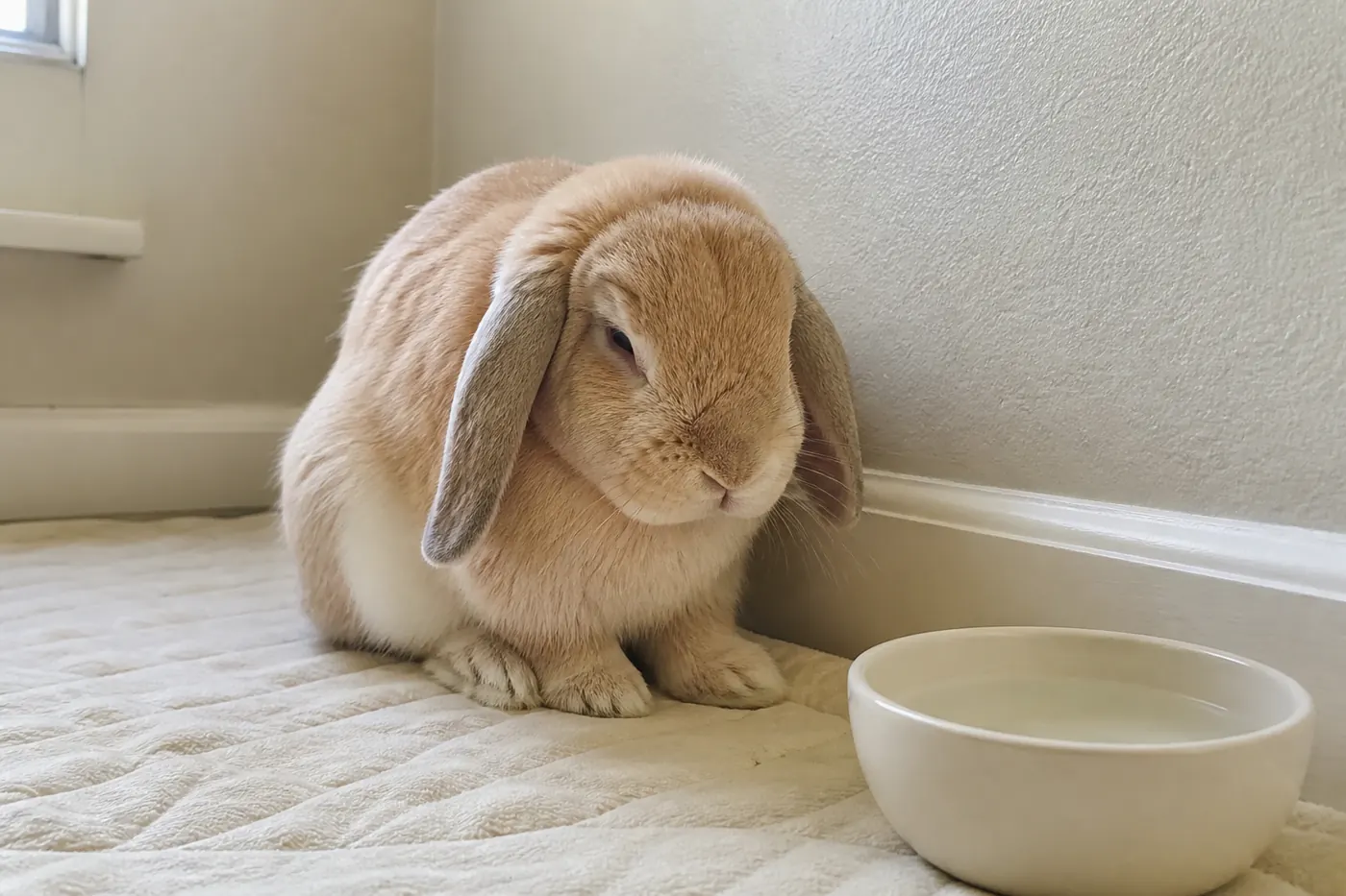 A fawn lop rabbit sitting quietly in a slightly hunched posture in a corner near a water bowl.