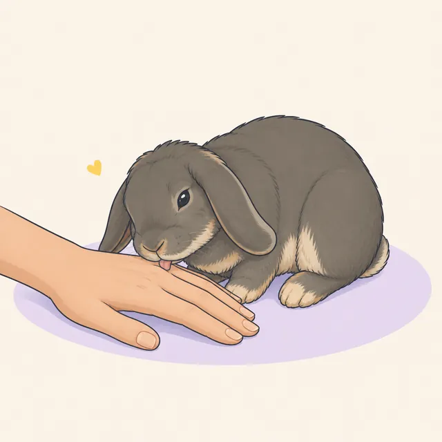 Illustration of a relaxed lop rabbit gently licking the back of a person's hand.