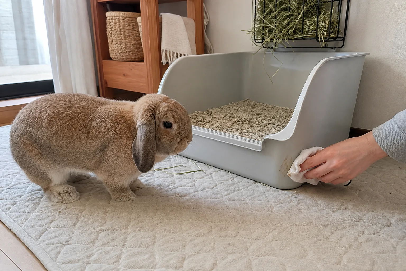 A house rabbit beside a large low-entry litter box with high back walls while a urine stain on the outside of the tray is wiped clean.