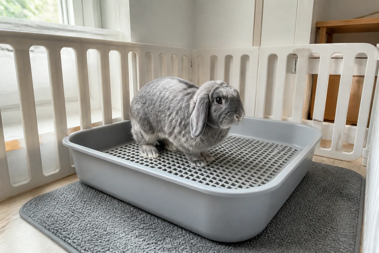 A grey lop rabbit standing calmly on a smooth plastic grate in a rectangular litter box.