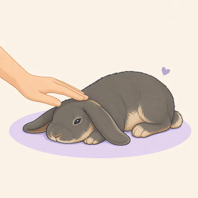 Illustration of a relaxed lop rabbit lowering its forehead beneath a hand to request grooming.