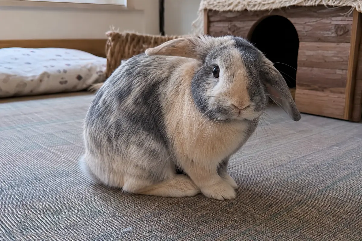 Relaxed lop rabbit with one ear angled backward and the other listening while its eyes and body remain soft.