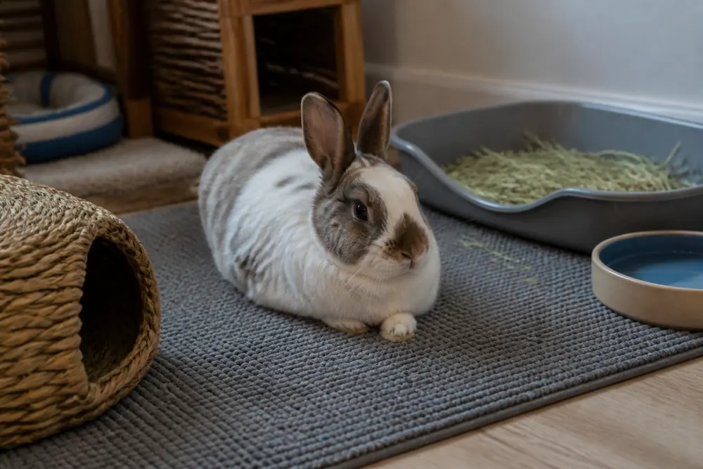 A rabbit with an easy-access summer setup including a low water bowl, hay and litter tray.