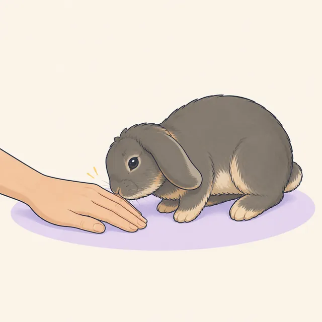 Illustration of a curious lop rabbit gently nudging a resting hand with its nose.
