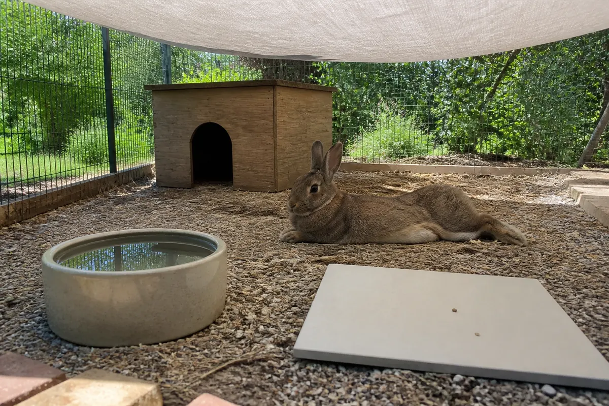 A rabbit resting in a shaded outdoor run with water, a ceramic tile and an open-sided shelter.