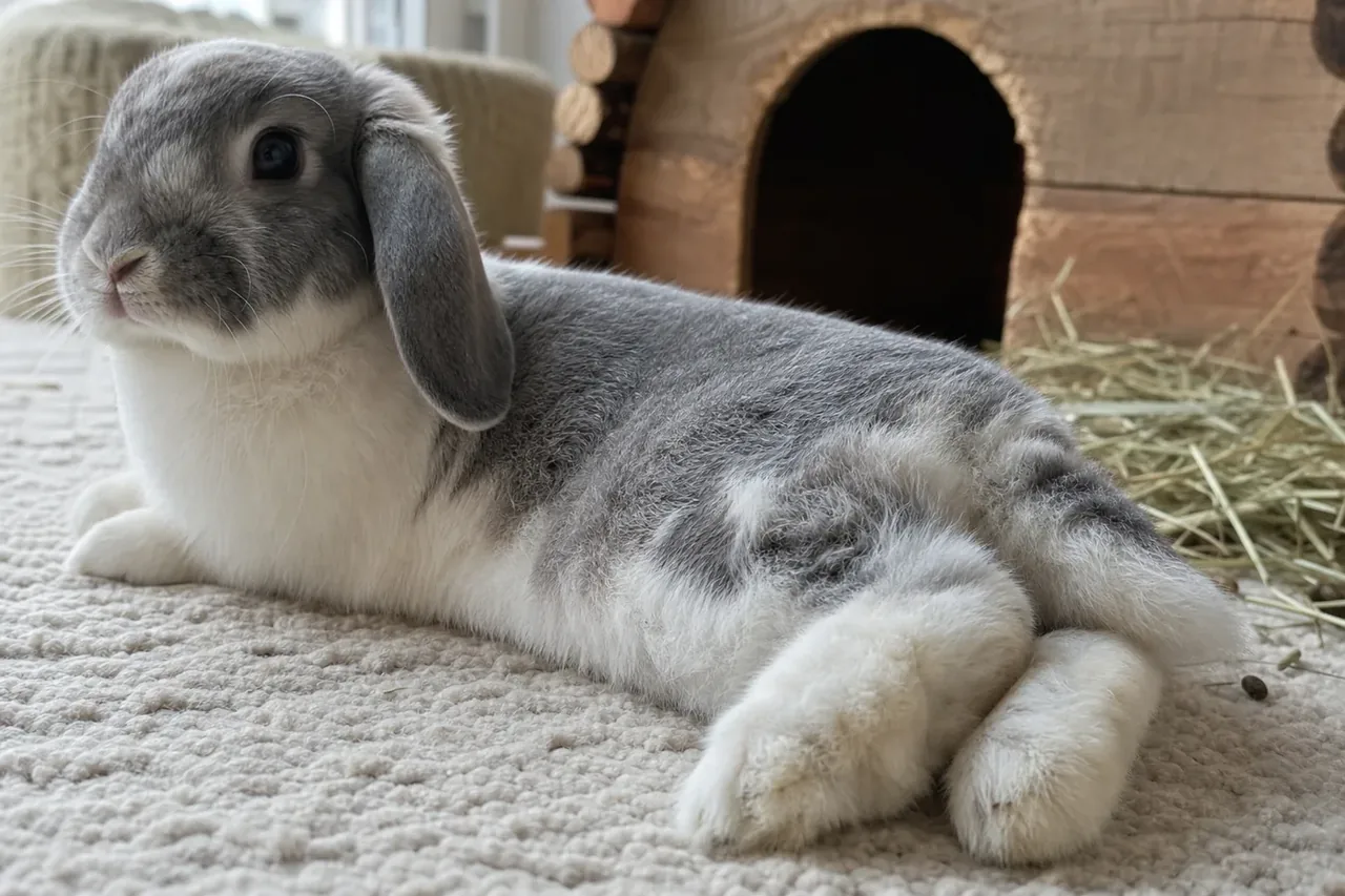 A gray and white lop rabbit resting on a soft textured mat with healthy fur-covered hind feet visible.