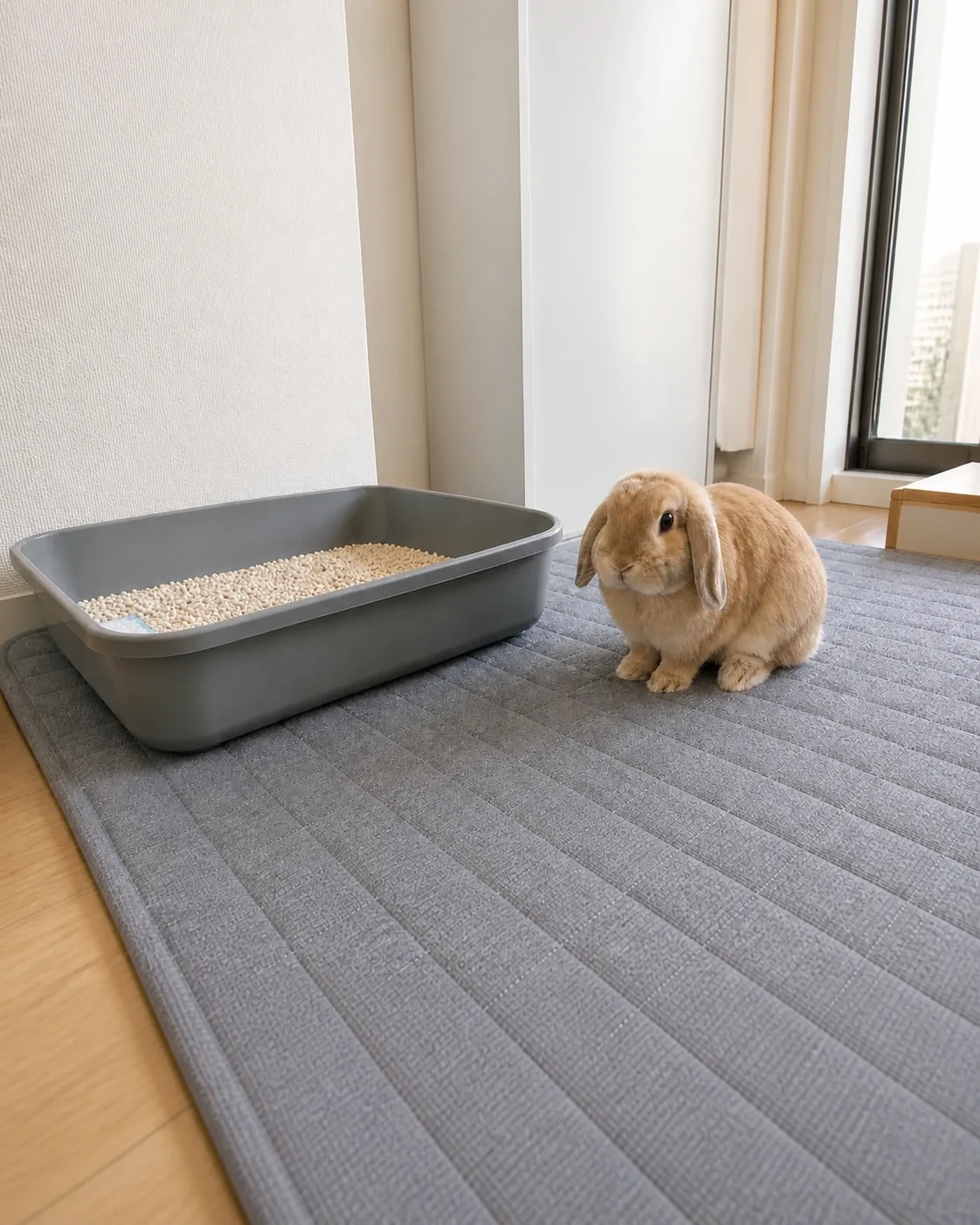 A beige lop beside a rectangular litter box placed on a broad padded non-slip mat, with a blue and white absorbent pad hidden inside the tray beneath the rabbit litter.