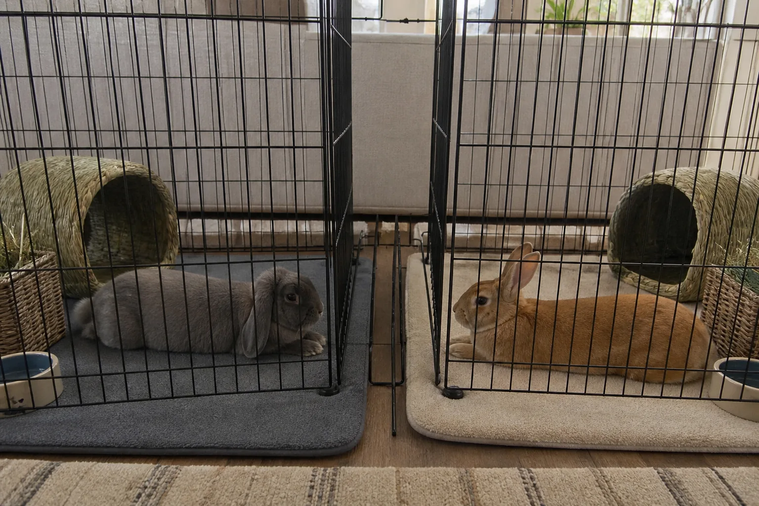 Two house rabbits resting calmly in neighboring exercise pens separated by a safe double barrier.