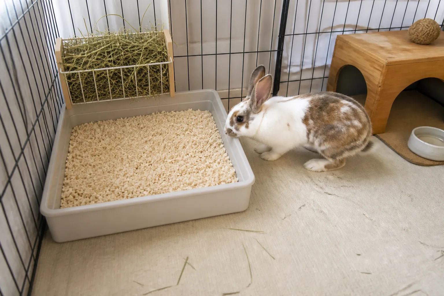 House rabbit approaching a roomy rectangular litter box filled with hemp bedding beneath a hay rack attached to the exercise pen.