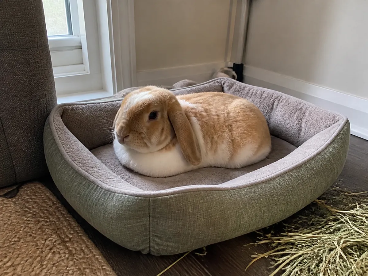 Caramel lop rabbit resting naturally in a low-sided padded bed.