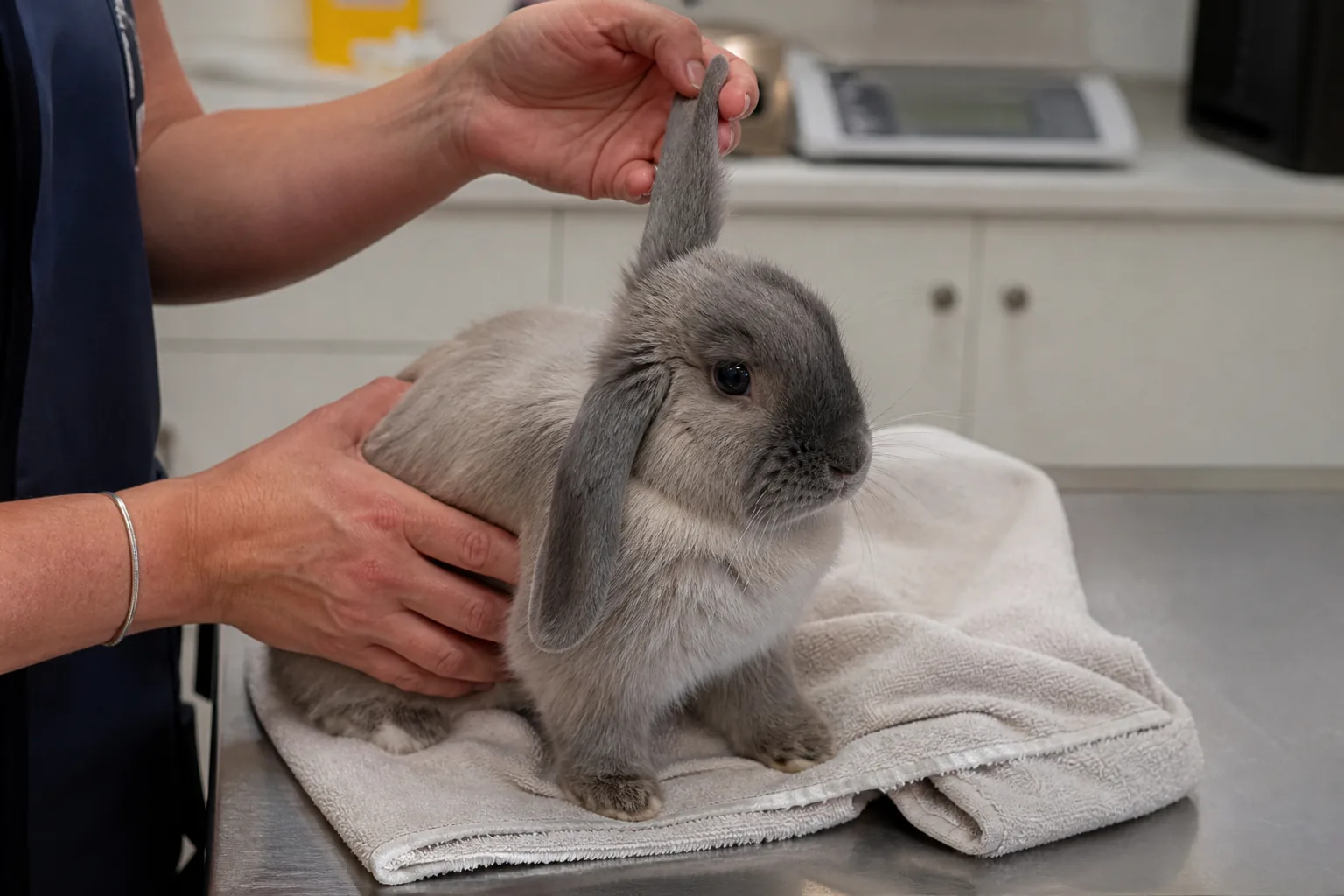 A grey lop rabbit receiving a gentle routine examination from a veterinarian