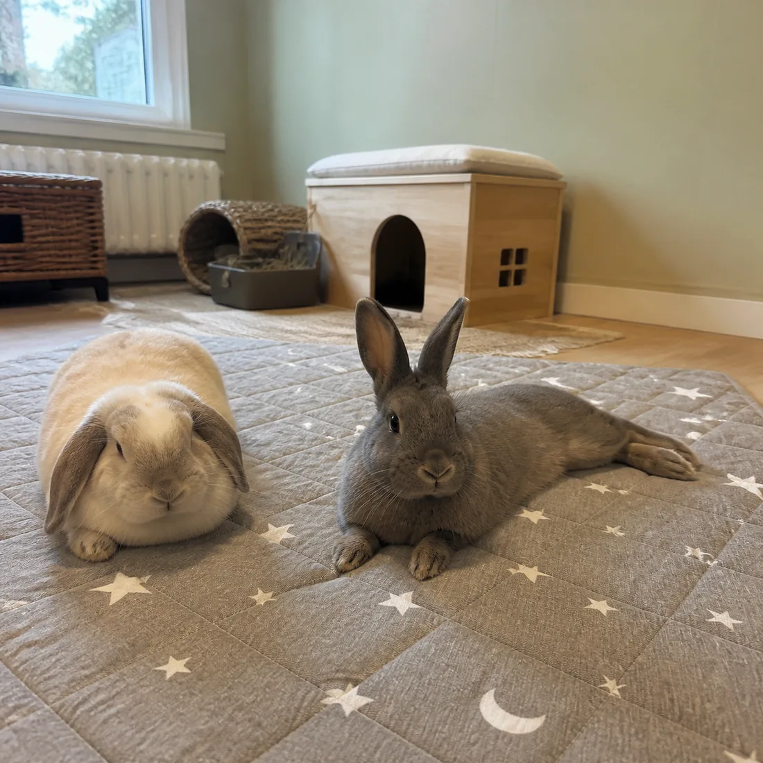 Two bonded house rabbits resting comfortably together on a wide floor mat