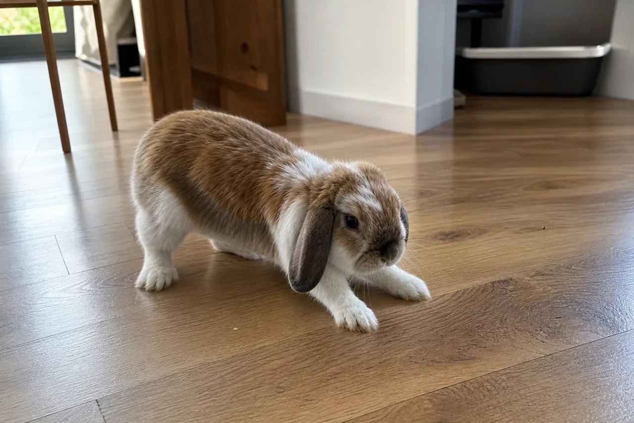 House rabbit crouching with paws slightly splayed on a slippery laminate floor.