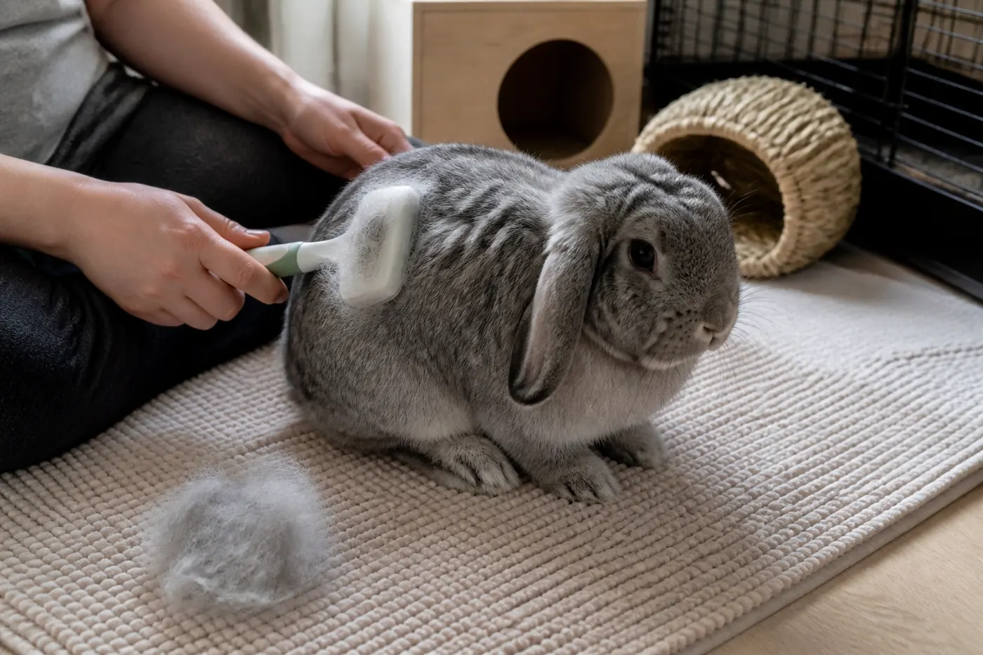 An owner gently brushing loose summer fur from a calm gray lop rabbit on a non-slip mat.