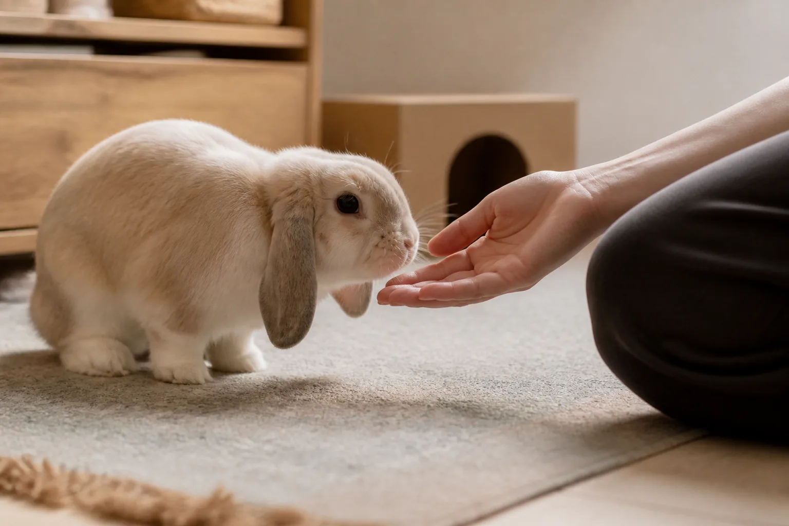 Cream lop rabbit voluntarily approaching a relaxed open hand at floor level