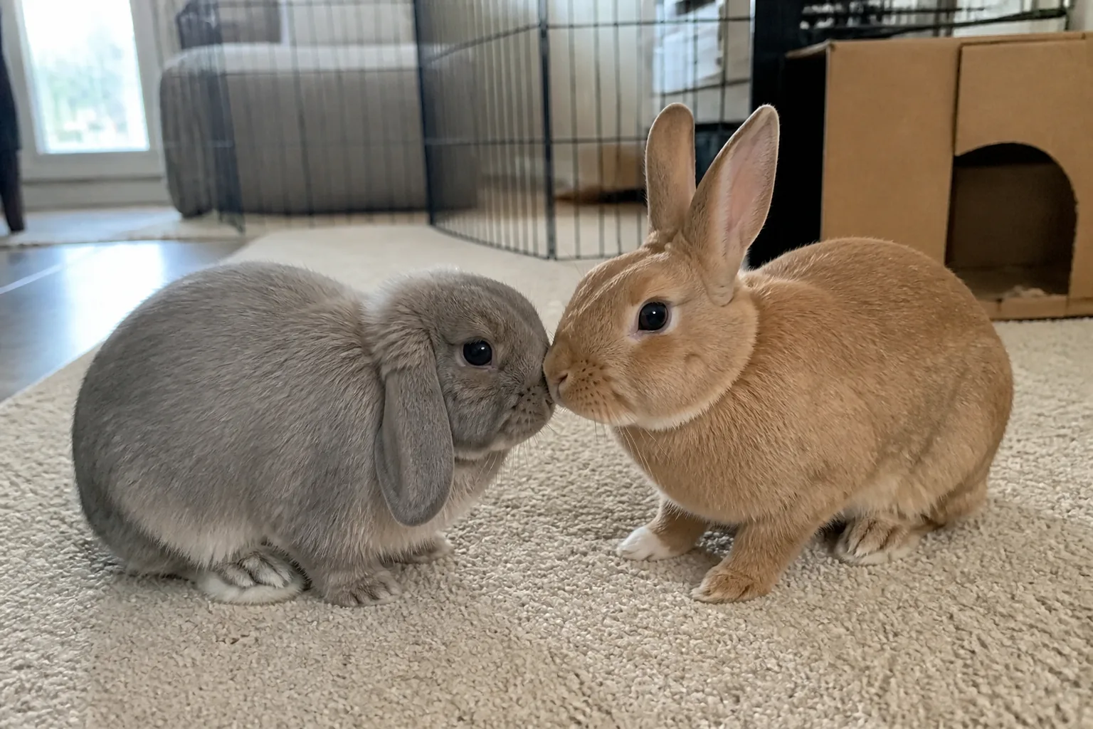 A grey lop rabbit and a tan upright-eared rabbit calmly touching noses during a supervised bonding session at home.