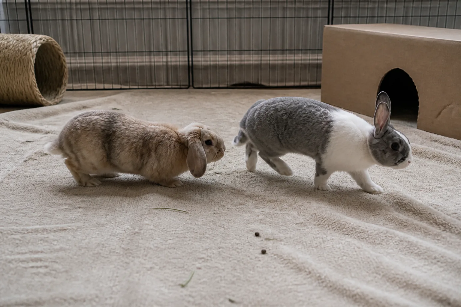 A brown lop rabbit closely following a grey-and-white rabbit that is moving away during a supervised bonding session.