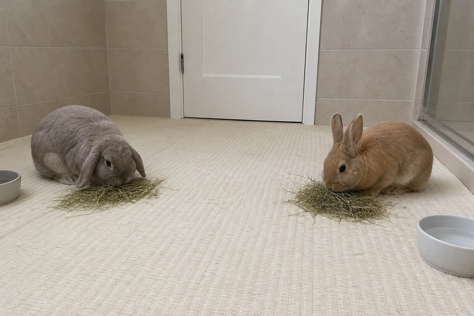Two rabbits calmly eating from separate hay piles during a first supervised meeting in neutral territory.