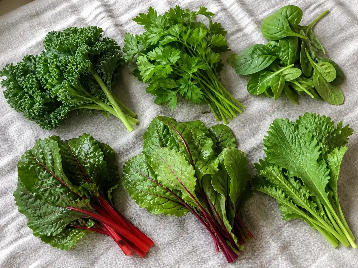 Kale, parsley, spinach, Swiss chard, beet greens and mustard greens for an occasional varied rotation.