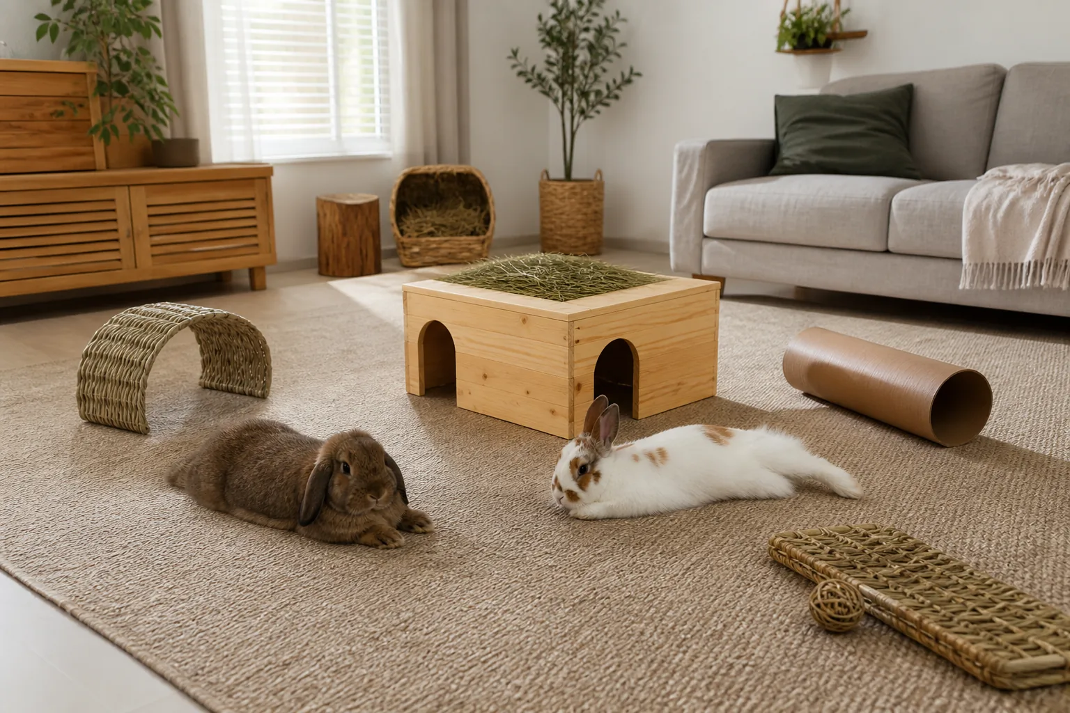 Two relaxed rabbits in a spacious indoor habitat with non-slip mat, wooden hide and tunnel