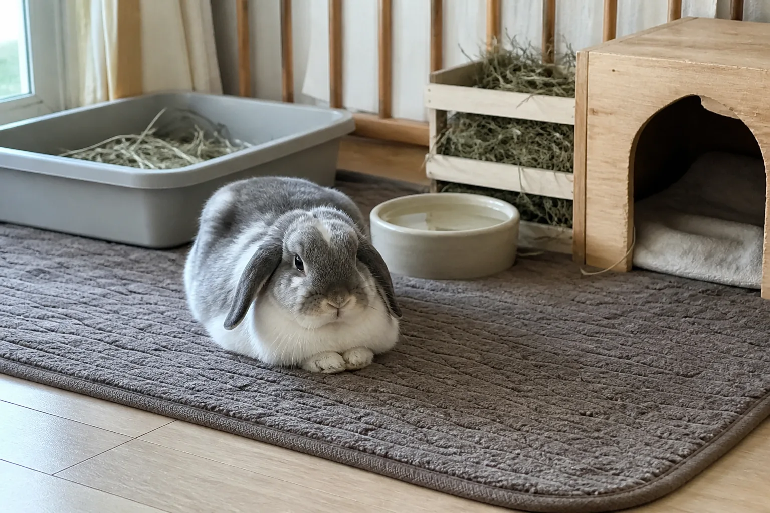 An older rabbit in an accessible home setup with a low litter box, padded mat, hay and water nearby