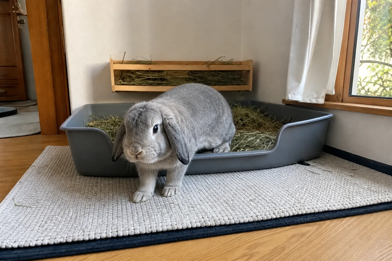 An adult grey lop rabbit stepping naturally through the low wide entrance of a rectangular litter box onto a padded non-slip mat.