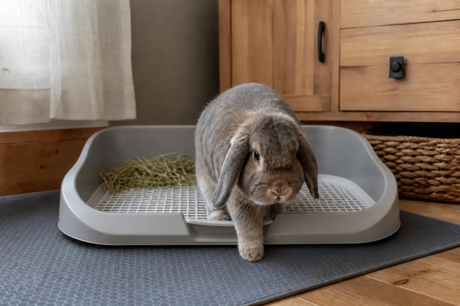 Older lop rabbit comfortably stepping through the low entrance of a grey Rabbit World litter box with a removable grid.
