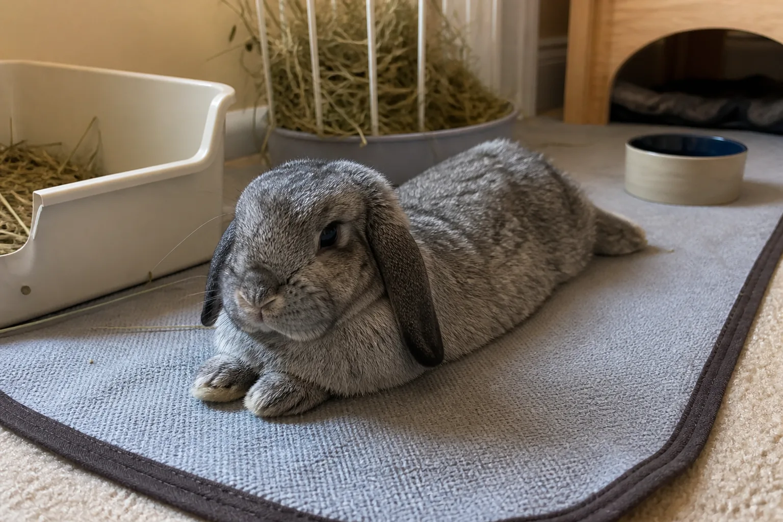 An older lop rabbit resting on an accessible padded mat near hay, water and a low litter box