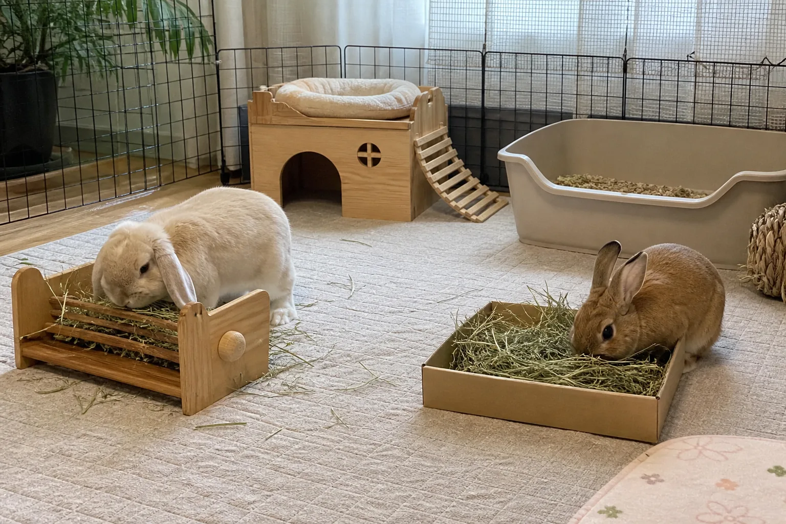 Two house rabbits eating naturally from separate hay stations, one low rack and one open hay box.
