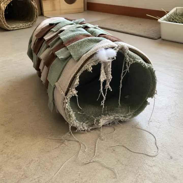 Damaged fabric rabbit tunnel with loose threads and exposed filling