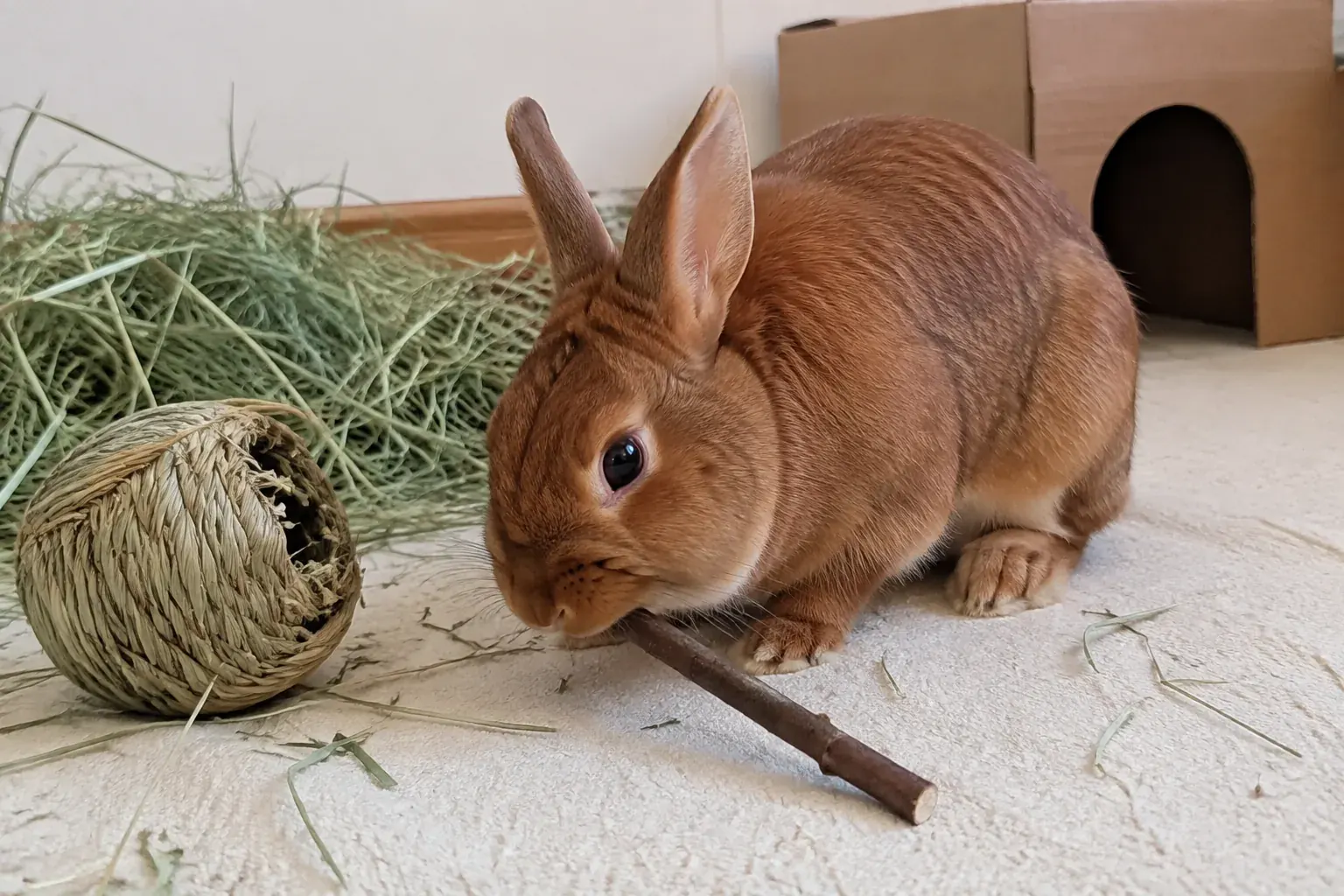 Cinnamon rabbit investigating an untreated branch beside a worn woven grass ball and a large pile of hay