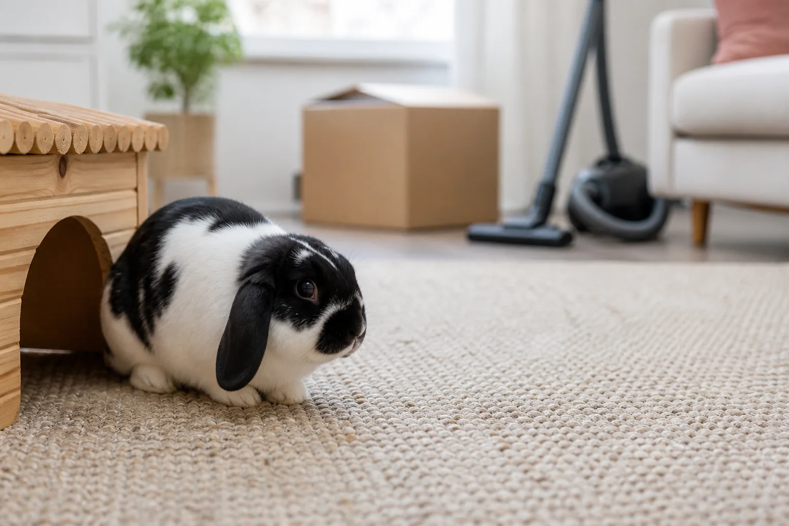 Black and white lop rabbit watching a vacuum and moving box from beside a safe wooden hide
