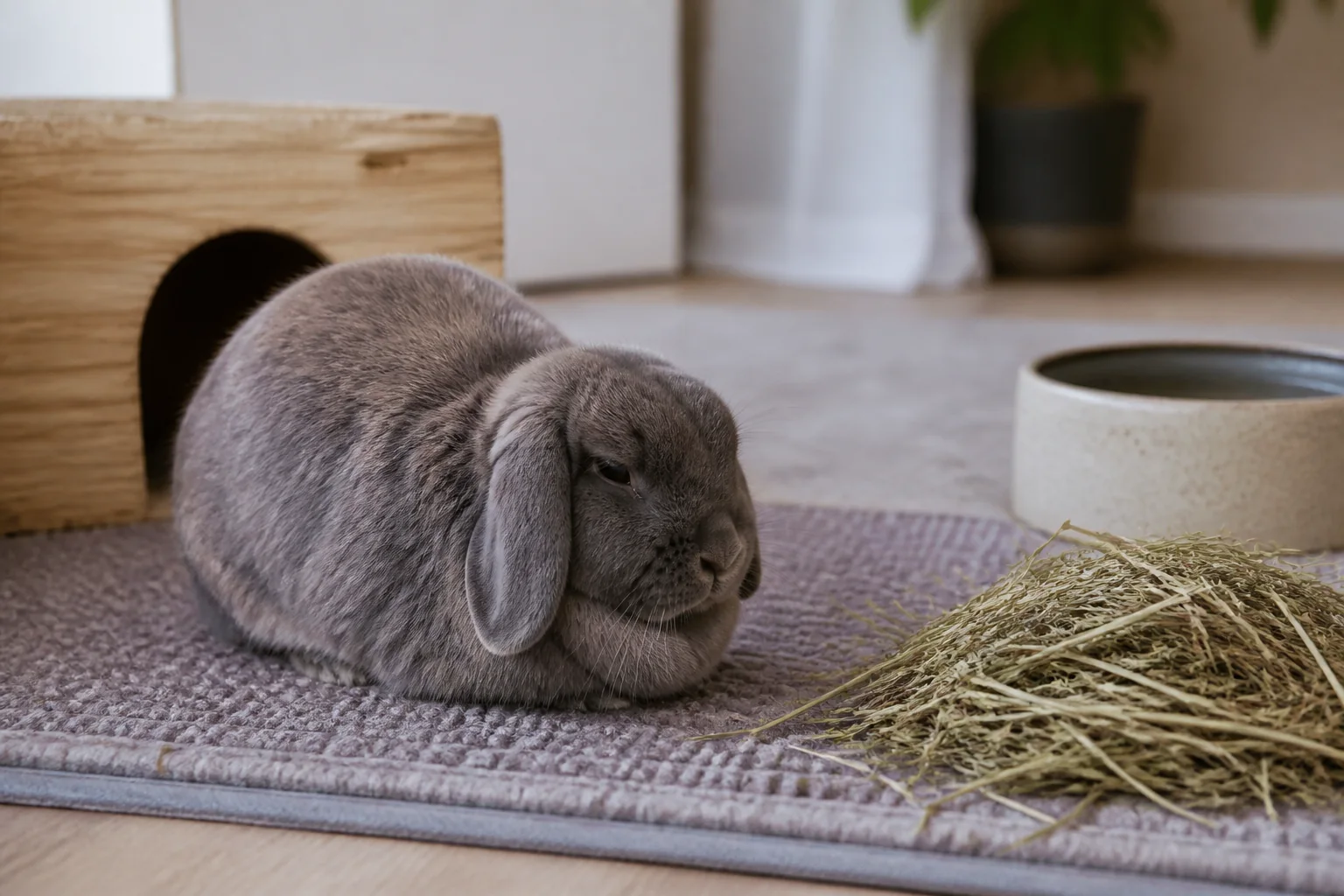 Grey lop rabbit sitting hunched and withdrawn beside untouched hay in a quiet indoor area