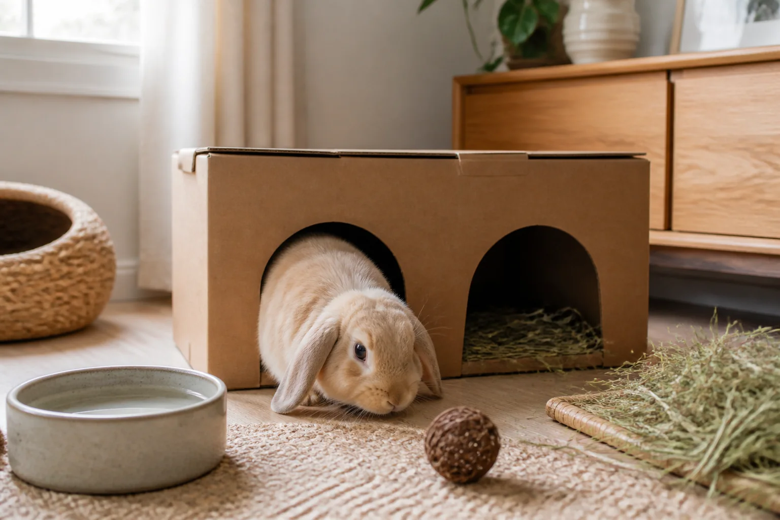 Cream lop rabbit calmly emerging from a two-exit cardboard hide beside hay and a heavy water bowl