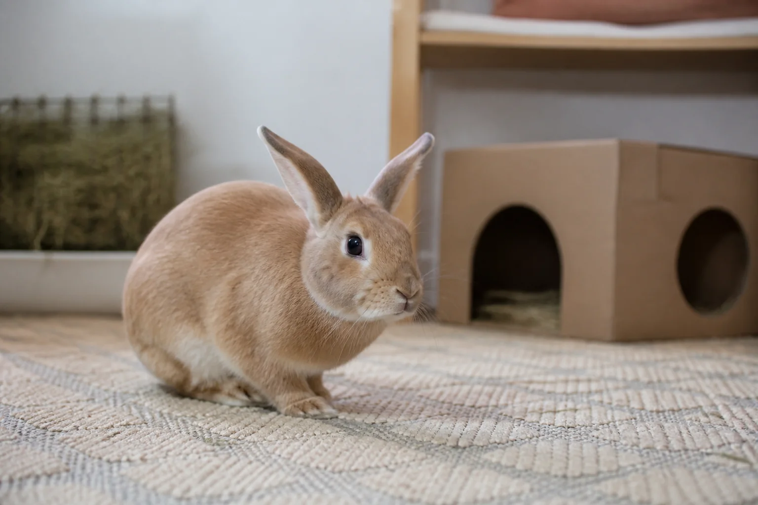 Tan house rabbit frozen in an alert posture beside a two-exit cardboard hide