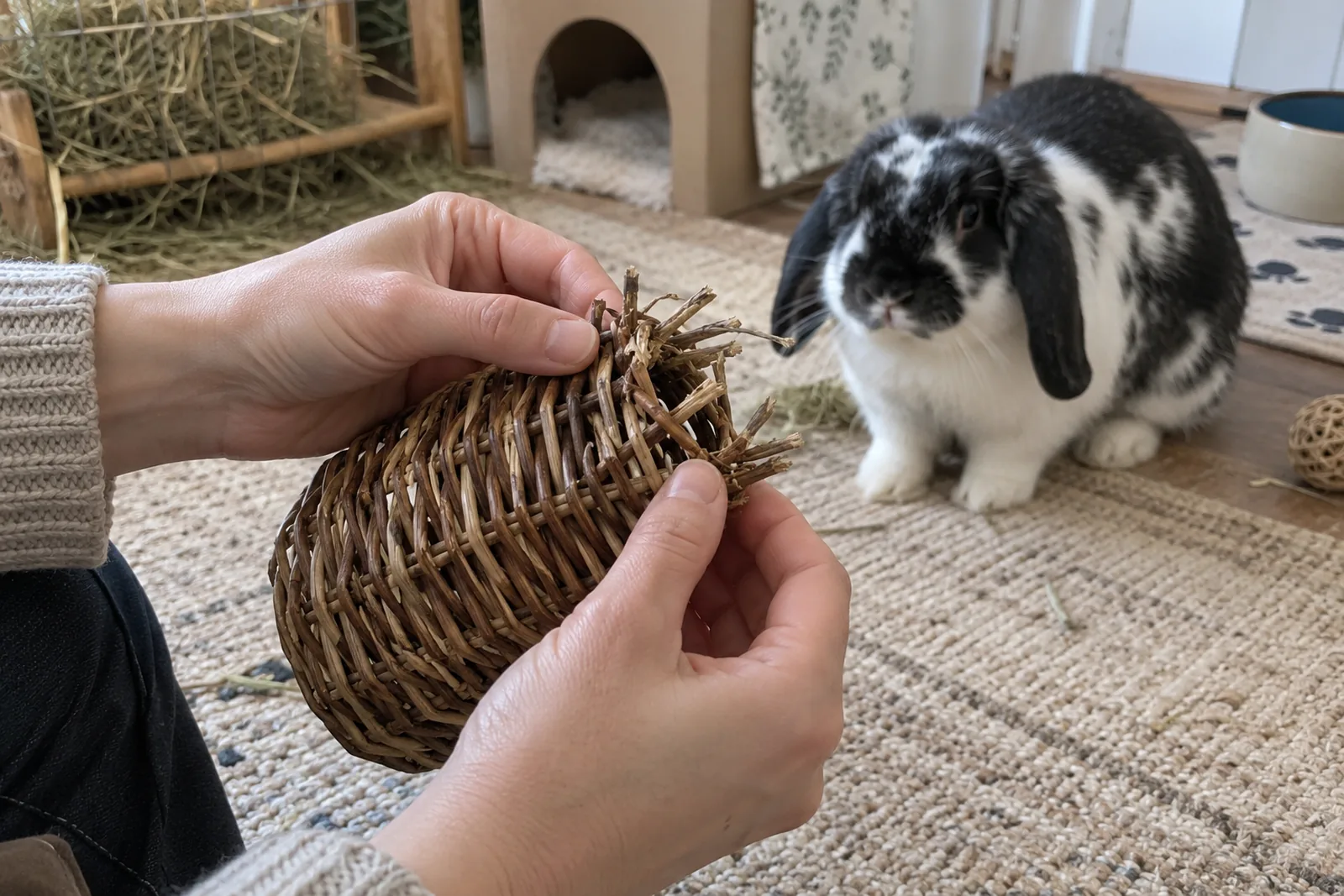 Rabbit guardian inspecting the worn edge of a woven willow toy while a black and white rabbit watches