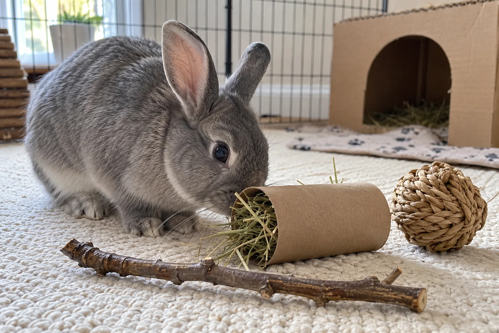 Grey rabbit investigating a plain hay-filled cardboard tube, untreated apple branch and seagrass ball