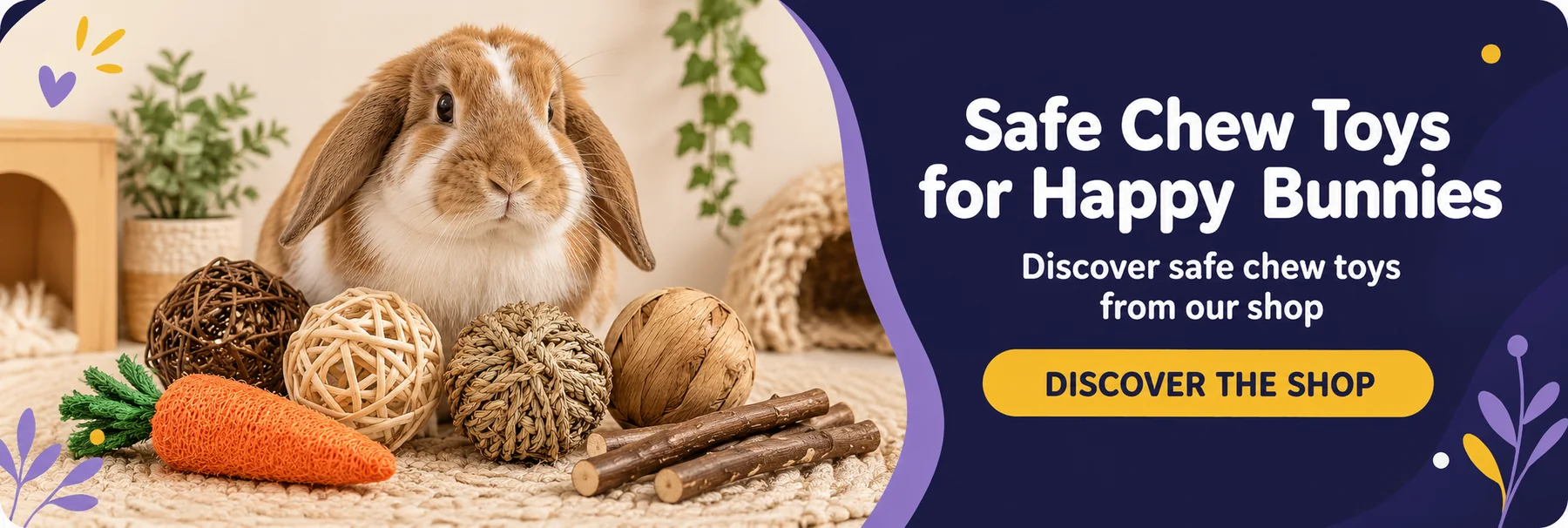 Rabbit surrounded by woven grass balls, hazelnut branches and a carrot chew toy beside an invitation to discover the Rabbit World shop