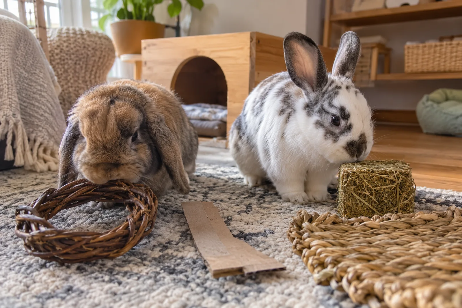Two relaxed house rabbits exploring an untreated willow ring, cardboard, hay cube and woven grass mat